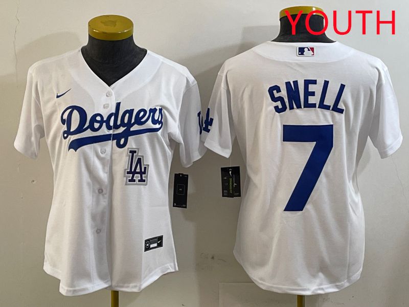 Youth Los Angeles Dodgers #7 Snell White Game 2025 Nike MLB Jersey style 9->youth mlb jersey->Youth Jersey